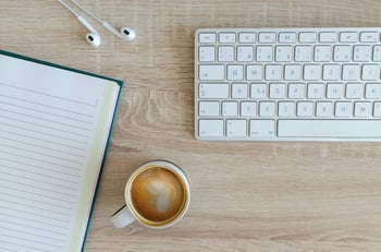 keyboard, notebook and coffee